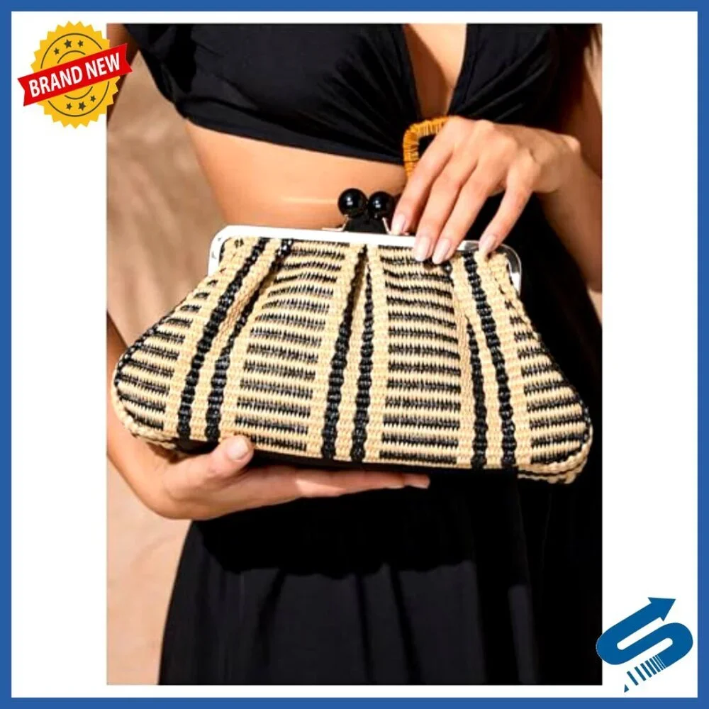 Woven Straw Evening Clutch Elegant Ruched Kiss Lock Dumpling Bag Formal